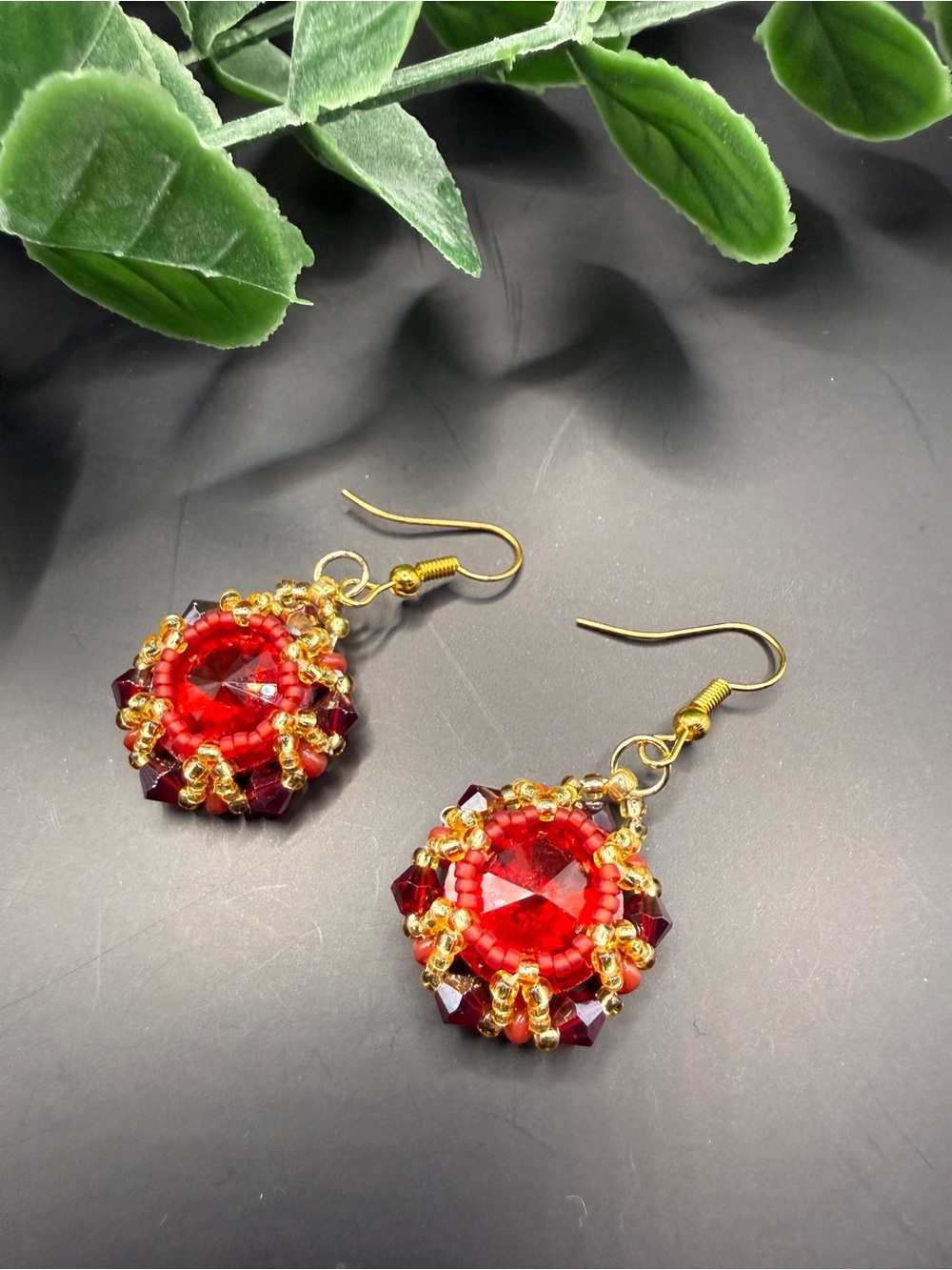 Handcrafted Red Crystal Drop Earrings with Gold Accents